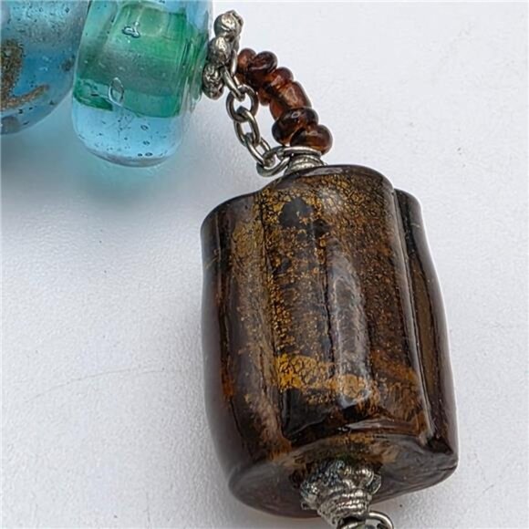 Art Glass Bead Necklace 36" Clear Blue Amber Floral Abstract Silver Tone - Picture 3 of 10